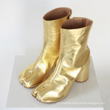 Japanese Style Tabi Split Toe Gold PU Leather Womens High Heel Boots